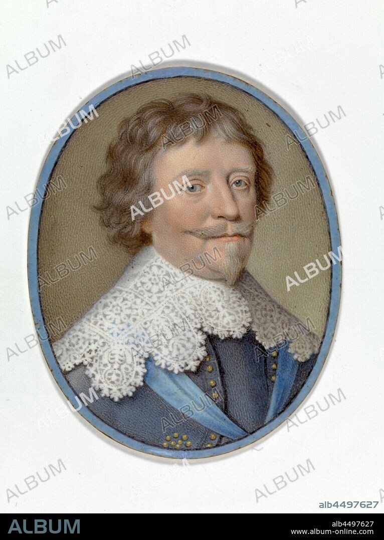 Frederick Henry (1584-1647), Prince of Orange, Frederik Hendrik (1584-1647), Portrait of Frederik Hendrik (1584-1647), Prince of Orange. Bust, to the right. To the original by Gerard van Honthorst. Probably a mourning medallion made shortly after the death of the prince in 1647. Miniature in enamel cupboard with the monogram HAVO, surrounded by a wreath of violets and orange branches. Part of the collection of portrait miniatures, Frederik Hendrik (Prince of Orange), Henri Toutin, c. 1647 - c. 1650, gold (metal), h 4.3 cm × w 3.4 cm.