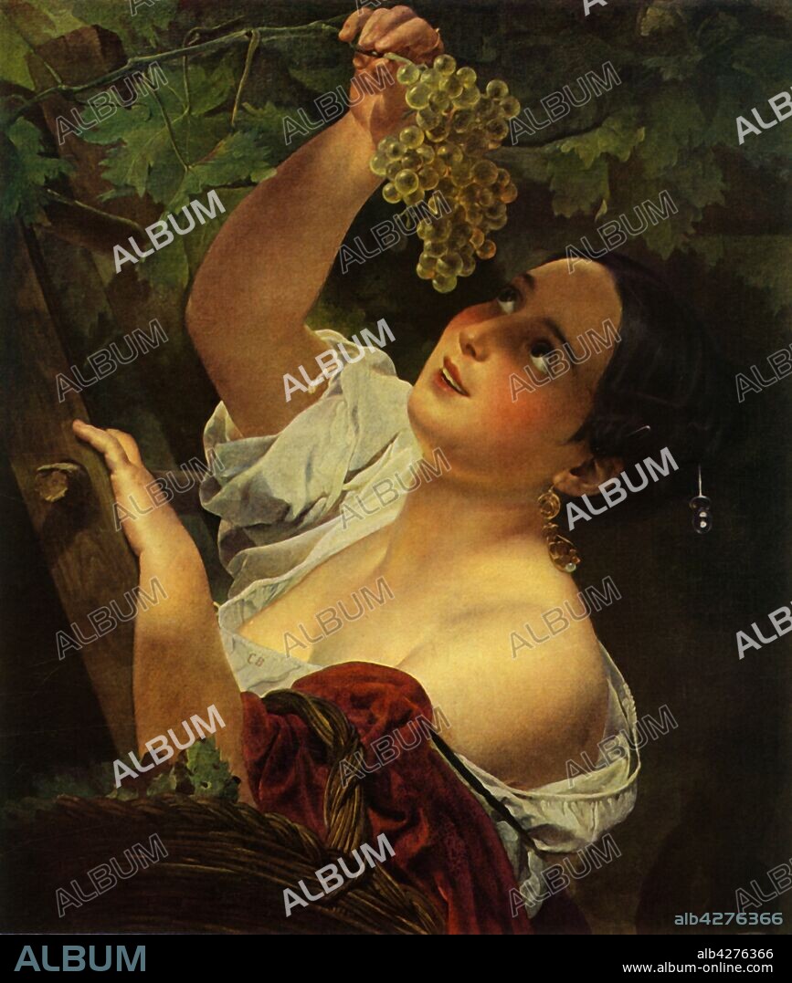KARL BRIULLOV. 'Italian Noon (Italian Girl picking Grapes)', 1827, (1965). Painting, also known as 'An Italian Midday', in the State Russian Museum, St Petersburg. From "Russian Painting of the 18th and 19th Centuries" by Vladimir Fiala. [Artia, Czechoslovakia, 1965].