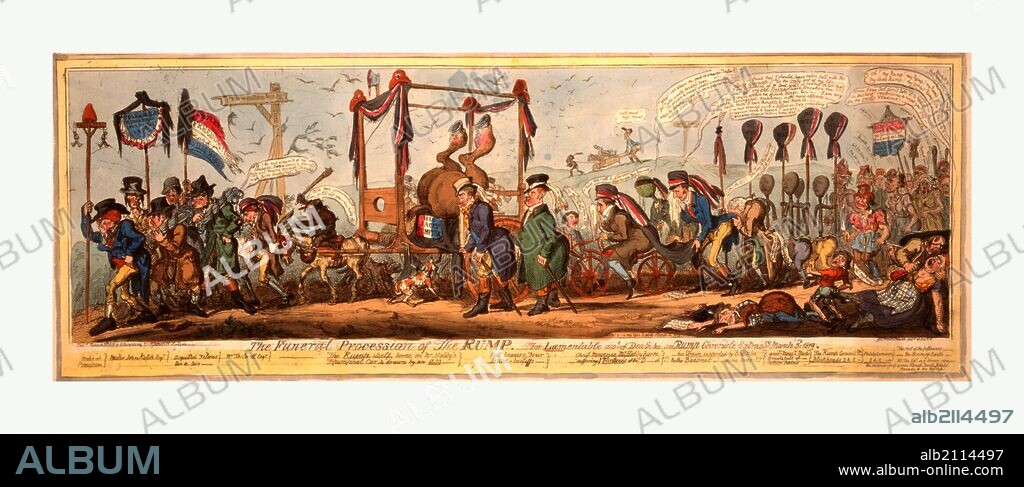 The funeral procession of the rump, Cruikshank, George, 1792-1878, artist, engraving 1819, a satire on the defeat of Hobhouse by Lamb at the Westminster Election. The Rump, or remnant of Reformers, is represented by the hind-quarters of a cart-horse, with its hoofs in the air, carried on a knacker's cart, the front of which is formed by a guillotine. The procession is headed by Mister John Ketch, Esqr, the hangman.