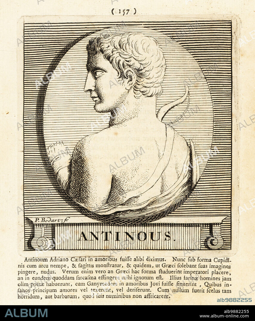 Antinous, son of Eupeithes, prominent suitor of Penelope in Homer's Odyssey. The first to be killed by Odysseus when he returns to his palace. Shown with bow, quiver of arrows. Copperplate engraving by Pieter Bodart (1676-1712) from Henricus Spoors Deorum et Heroum, Virorum et Mulierum Illustrium Imagines Antiquae Illustatae, Gods and Heroes, Men and Women, Illustrated with Antique Images, Petrum, Amsterdam, 1715. First published as Favissæ utriusque antiquitatis tam Romanæ quam Græcæ in 1707. Henricus Spoor was a Dutch physician, classical scholar, poet and writer, fl. 1694-1716.