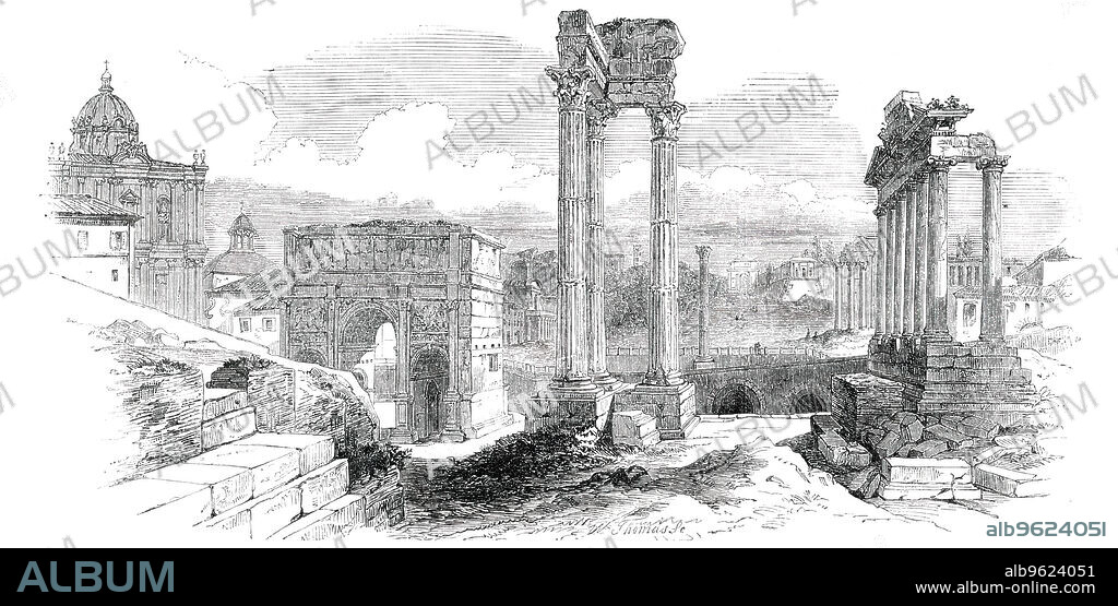 The Ancient Forum - Rome, 1850. The Forum Romanum, originally a marketplace, is a rectangular piazza surrounded by the ruins of several important ancient government buildings. On the left is the Church of Santi Luca e Martina. From "Illustrated London News", 1850.