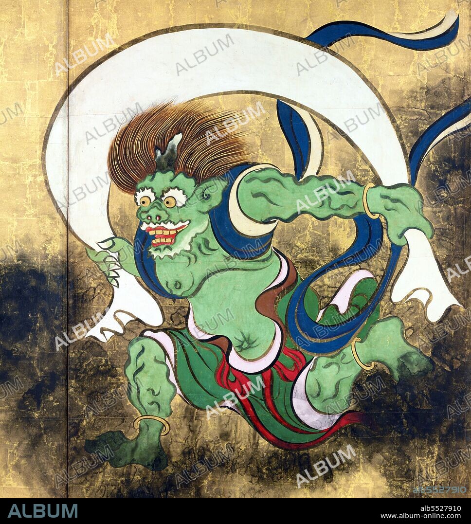 Fujin or Futen is the Japanese god of the wind and one of the eldest Shinto gods. He is generally depicted as a terrifying wizard-like demon carrying a large bag of winds on his shoulders. In Japanese art, the deity is often depicted together with Raijin, the god of lightning, thunder and storms. Ogata Korin (1658 – June 2, 1716) was a Japanese painter of the Rinpa school. He was born in Kyoto, to a wealthy merchant who had a taste for the arts. Korin also studied under Soken Yamamoto, the Kano school, Tsunenobu and Gukei Sumiyoshi, and was greatly influenced by his predecessors Hon'ami Koetsu and Tawaraya Sotatsu. 'Wind God and Thunder God' by Ogata Korin is a replica of Tawaraya Sotatsu's four panel folding  screen of the same title ('Fujin Raijin Zu), Kyoto, early 17th century.