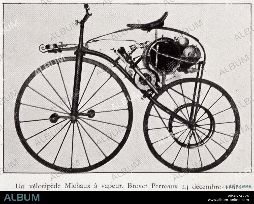 "Un velocipede Michaux a vapeur". Brevet Perreaux 24 decembre 1868. Photographie noir et blanc. Credits : Collection KHARBINE-TAPABOR.