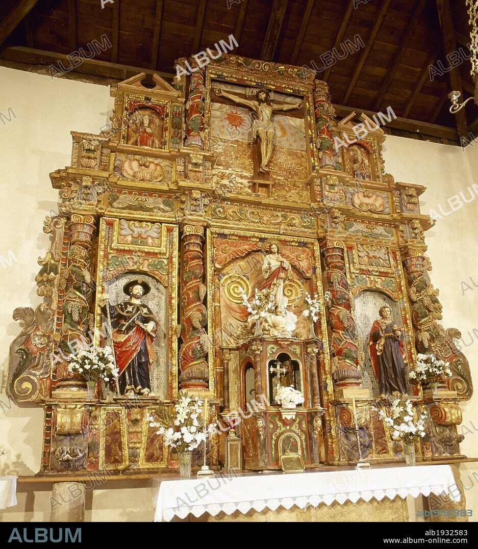 Spain, Galicia, province of Lugo. Barbadelo. Church of Santiago. Baroque altarpiece which dates from the 18th century. Stands out the figure of Apostle Santiago. Way of St. James.