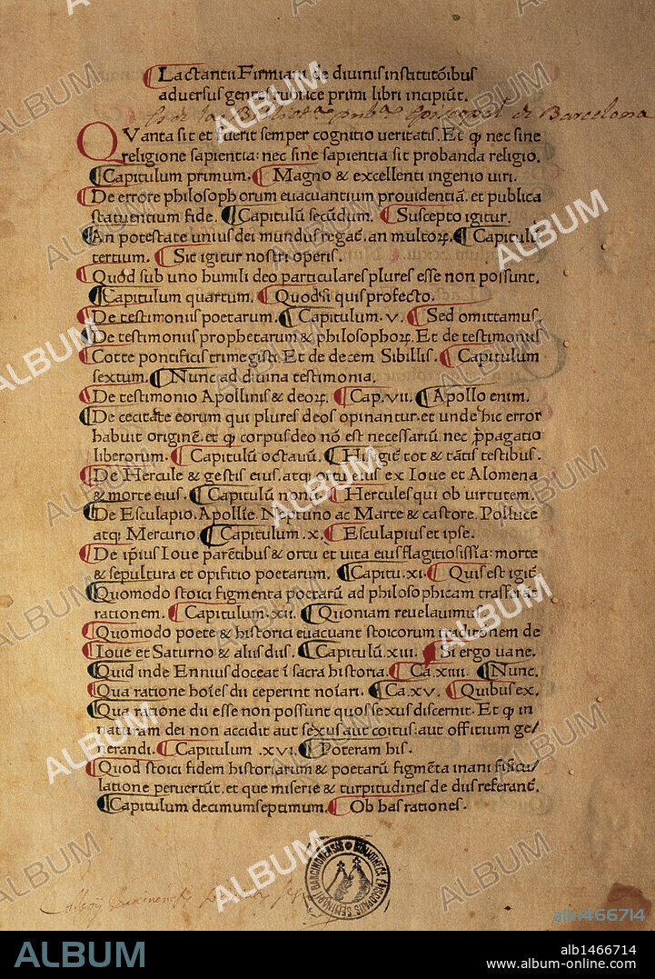 LITERATURA LATINA. SIGLO III-IV. LACTANCIO, Lucio (Lucius Coelius Lactantius Firmianus) (Cirta, h.260-Tréveris, h.325). Apologista cristiano de orígen africano (Argelia) "DIVINARUM INSTITUTIONUM LIBRI VII". Códice impreso en Roma en el año 1468, uno de los incunables más antiguos que hay en Barcelona. Cataluña.