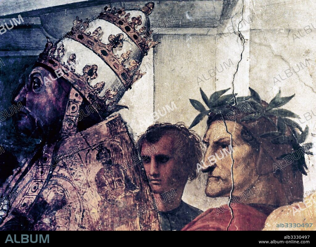 Pope Sixtus IV and the poet Dante. (Detail from 'The Disputation of the Holy Sacrament' 1510. By Raffaello Sanzio da Urbino (1483-1520), known as Raphael, an Italian painter and architect of the High Renaissance. This was the fourth fresco in the hall of the Signatures (Vatican Palace, Rome), painted between 1509 and 1510.