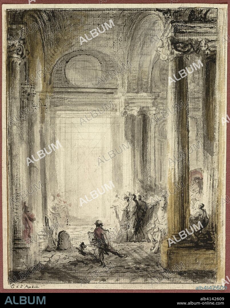 GABRIEL DE SAINT-AUBIN. The Entrance of the Academy of Architecture at the Louvre. Gabriel Jacques de Saint-Aubin; French, 1724-1780. Date: 1779. Dimensions: 173 × 137 mm. Brush and black ink and gray and colored wash, with black chalk and touches of pen and black ink, on off-white laid paper. Origin: France.