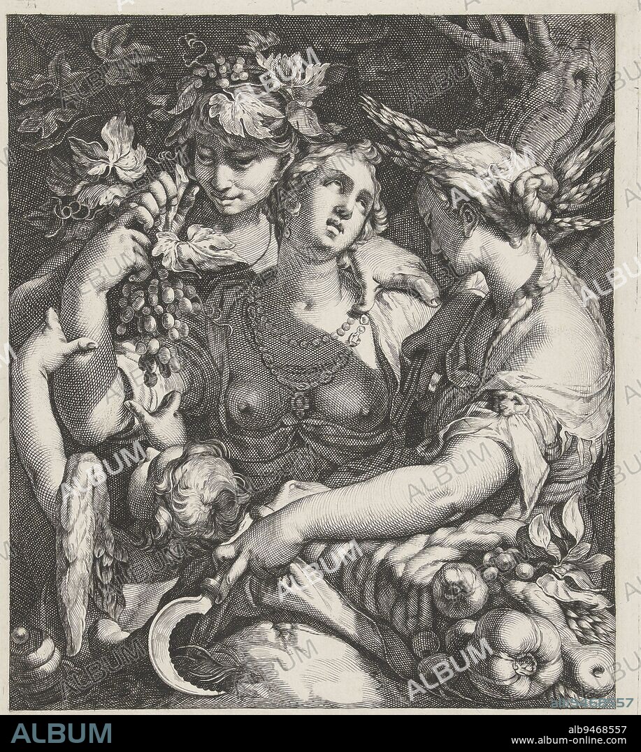 Bacchus, Ceres and Venus, J. Kuyper (printmaker), after Hendrick Goltzius, 1862, Bacchus, adorned with vines, has his left arm wrapped around Venus' shoulder and is holding out a bunch of grapes to her, to which Amor is reaching. In front of Venus stands Ceres with ears of corn in her hair, a sickle in her hand and the horn of plenty under her arm. The image is a depiction of the saying 'Sine Cerere et Baccho friget Venus' (without Ceres and Bacchus, Venus would freeze)., print maker: Jacob Kuyper, (mentioned on object), Hendrick Goltzius, 1862, paper, engraving, etching, h 265 mm × w 216 mm.