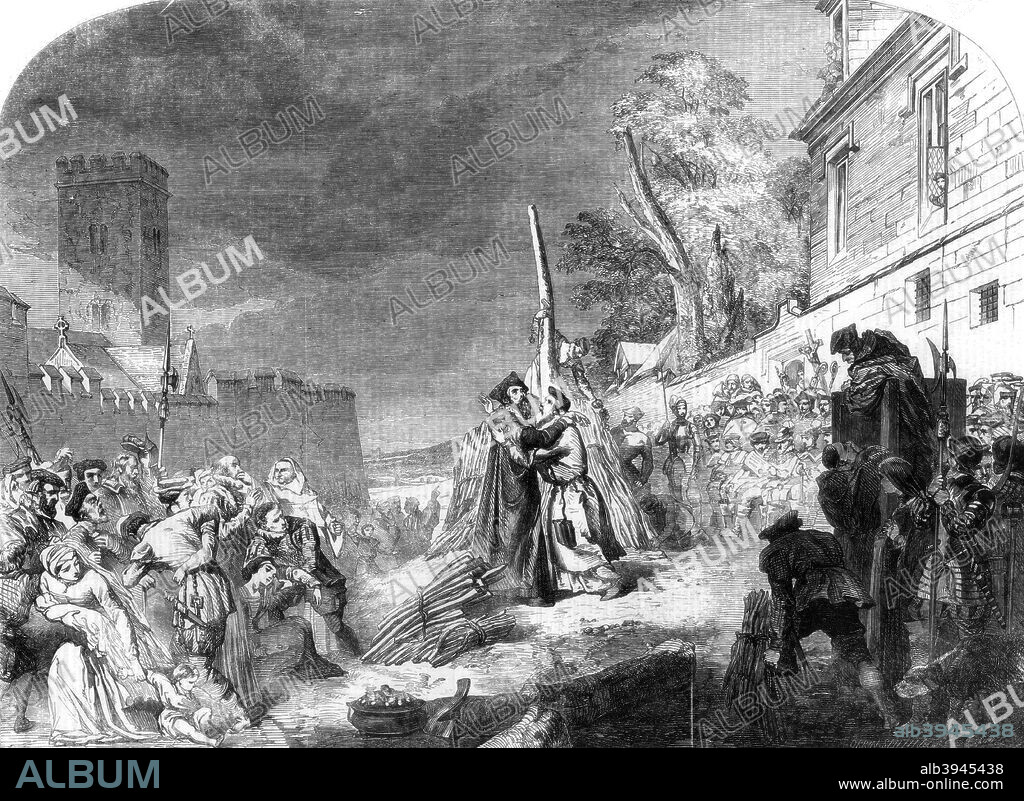 The martyrdom of Ridley and Latimer, 1856. Nicholas Ridley (d1555), English clergyman and Hugh Latimer (c1485-1555), Bishop of Rochester and Bishop of Worcester, were burned at the stake in 1555 for their Protestant beliefs. Print from from The Illustrated London News (29 March 1856).