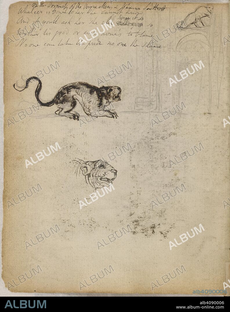 Sketches of a tiger. Notebook of William Blake. England; circa 1787-1818. [Whole folio] Sketches for an engraving illustrating William Hayley's ballad 'The Elephant' [1802]. A naked man placed in a window above a gateway escapes the crouching tiger. Below, head of a tiger. Autograph draft of Blake's poem 'On the Virginity of the Virgin Mary and Johanna Southcott'  Image taken from Notebook of William Blake.  Originally published/produced in England; circa 1787-1818. . Source: Add. 49460, f.3v. Language: English.