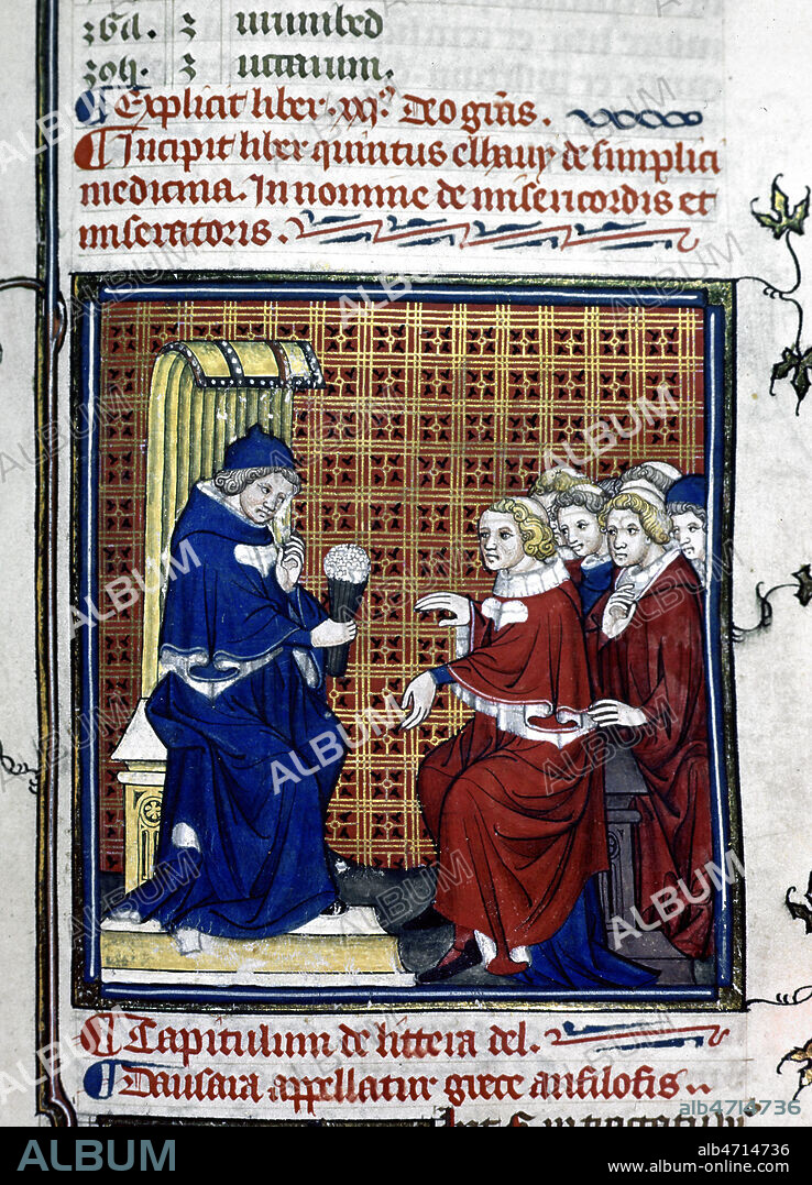 Cours d'herboristerie. Medecine , medecin , acte medical au Moyen Age. Traite de Medecine, traduit de Rhazes (Abu-Bakr Mohammed ibn Zakaia al Razi dit Rhazes -(865-932)) au 14ee siecle, XIVe s. manuscrit medieval conserve a la bibliotheque de la Sorbonne a Paris. Credit Collection JEAN VIGNE/KHARBINE TAPABOR.