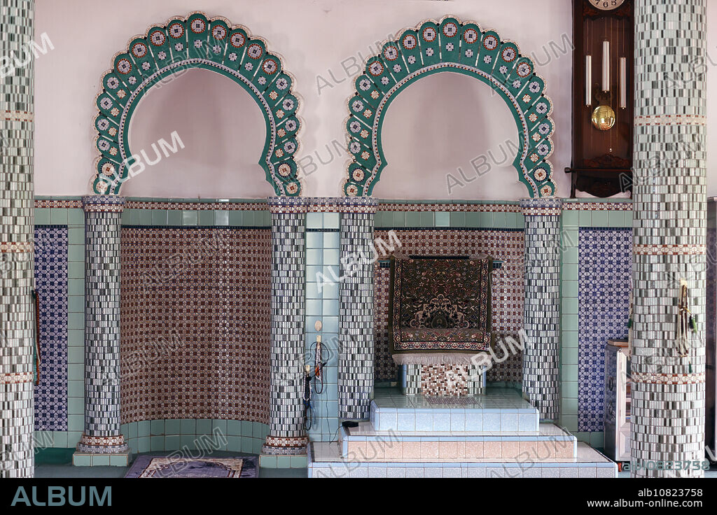 Mubarak mosque. Prayer hall with minbar and mihrab. Vietnam.