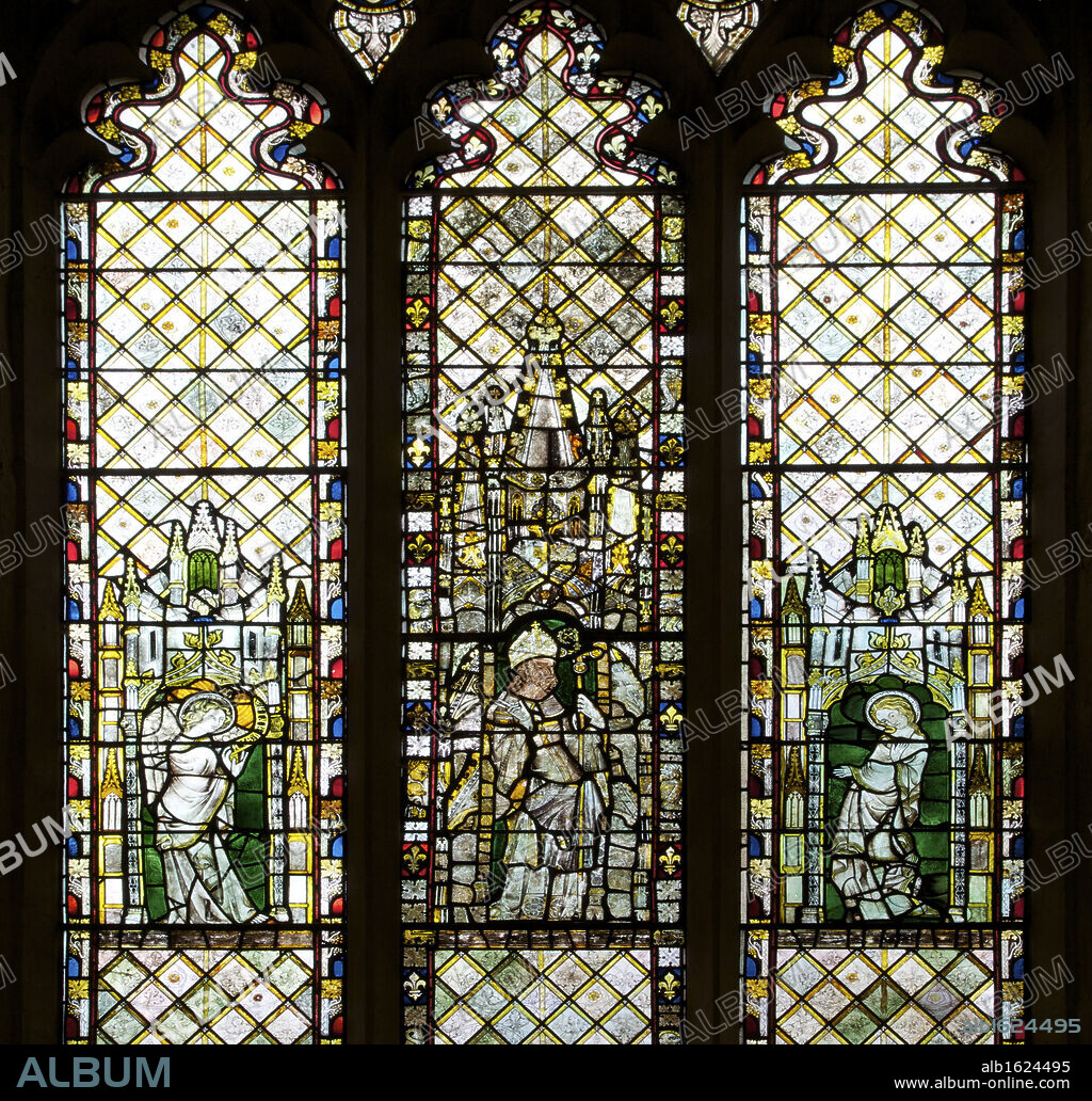 14th century medieval stained glass windows, Latin Chapel, Christ Church Cathedral, Oxford University, Oxford, Oxfordshire, England, UK, United Kingdom, GB, Great Britain, British Isles, Europe, EU.