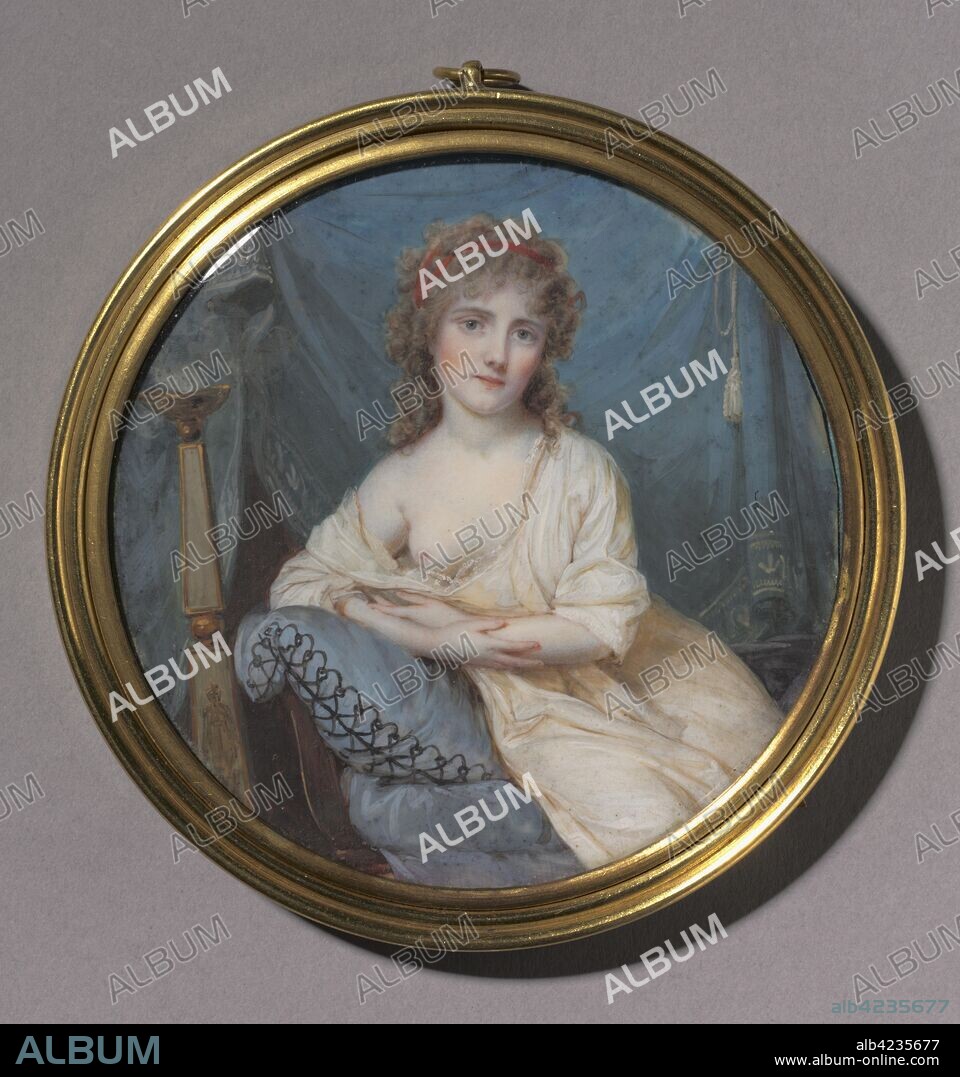 Portrait of a Woman Reclining on a Sofa, c. 1804. Jean-Antoine Laurent (French, 1763-1832). Watercolor on ivory in a gilt metal frame circa 1805; image: 7.9 x 8.3 cm (3 1/8 x 3 1/4 in.); diameter of frame: 9.4 cm (3 11/16 in.).