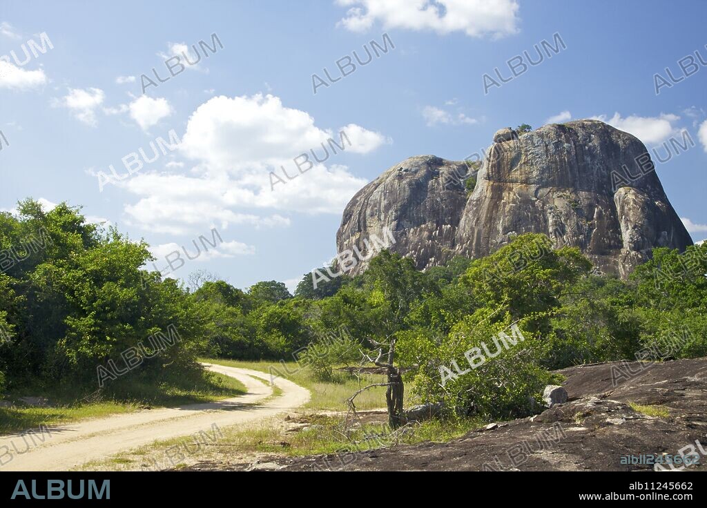 Elephant Rock from forest track, Yala National Park, Sri Lanka, Asia.