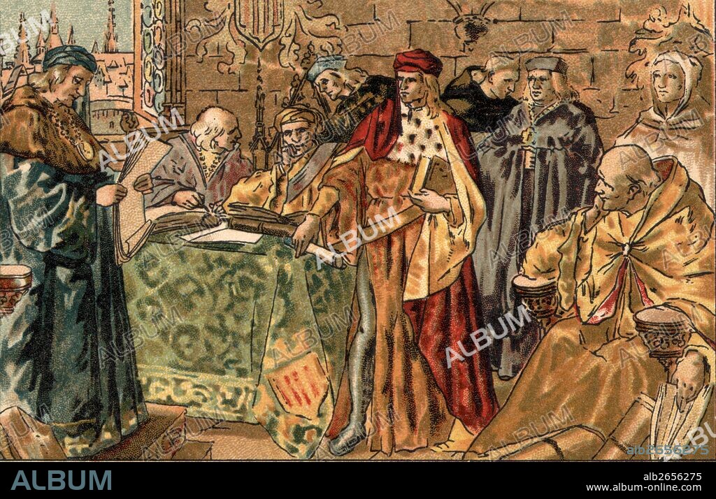 Historia de Catalunya. Firma del compromiso de Caspe el 23 de junio de 1412, nombrando a Fernando de Antequera como sucesor de Martín el Humano. Cromo editado en 1905.