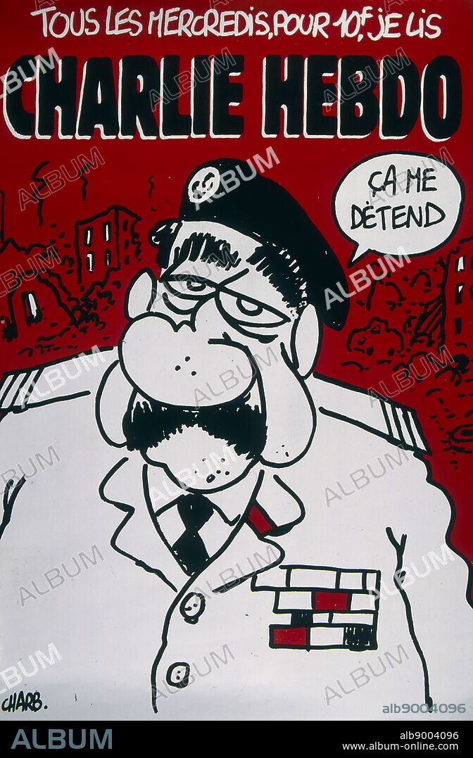 Coloured front cover of the satirical magazine Charlie Hebdo. Depicting an old man (possible Saddam Hussein) saying "That relaxes me". In the background there is a city destroyed.