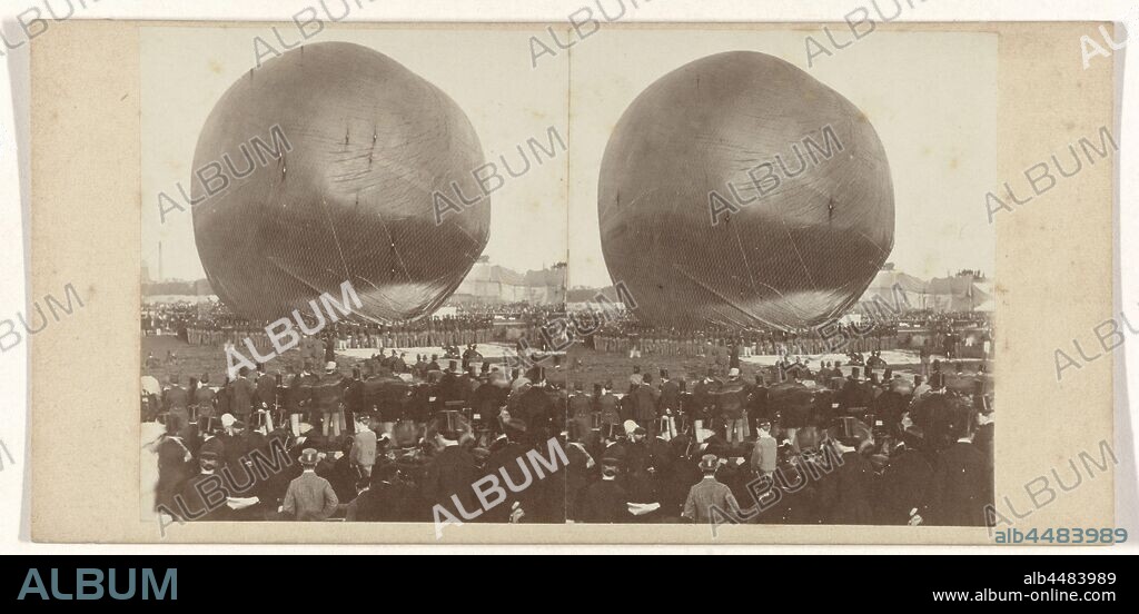 Laying out of Nadar's hot air balloon on a site outside the Utrecht Barrier, Amsterdam, September 14, 1865, Filling the Le Géant hot air balloon of Nadar on September 14, 1865 on a site outside the Utrecht Barrier, balloon (aviation), balloon flight (sport), Félix Nadar, Pieter Oosterhuis (attributed to), 14-Sep-1865, photographic paper, cardboard, albumen print, h 84 mm × w 175 mm.