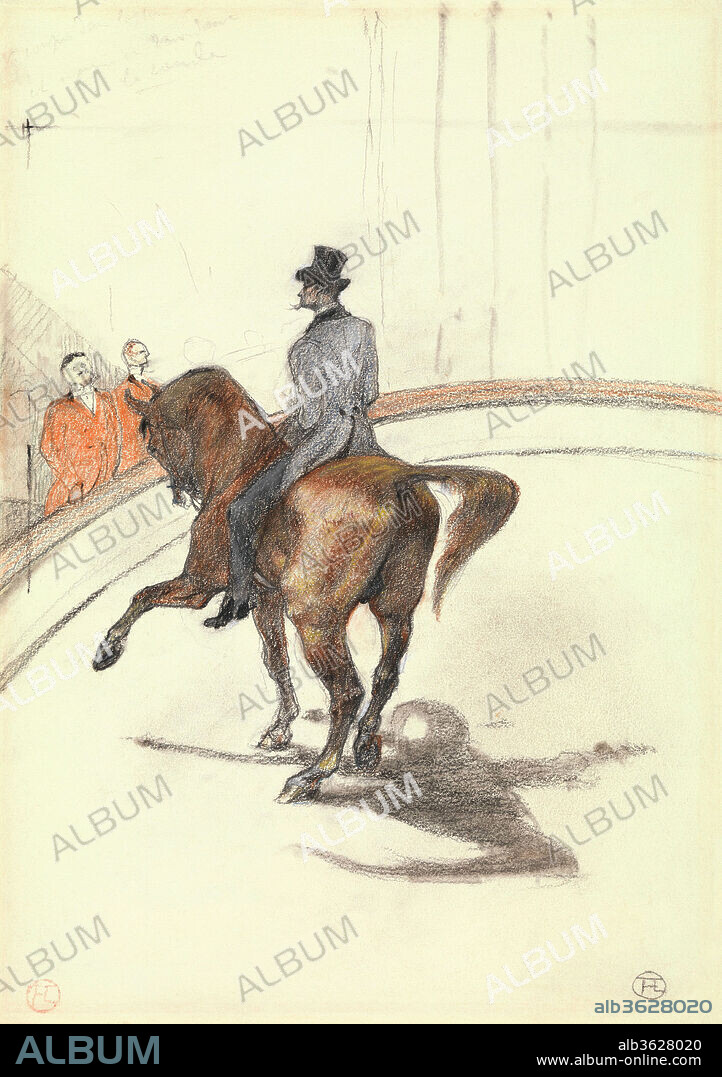 At the Circus: The Spanish Walk (Au Cirque: Le Pas espagnol). Artist: Henri de Toulouse-Lautrec (French, Albi 1864-1901 Saint-André-du-Bois). Dimensions: 13 3/4 x 9 13/16 in.  (35 x 25 cm). Date: 1899.
The grand master of urban entertainments, Henri de Toulouse-Lautrec made many paintings and drawings on the circus theme in the late 1880s and 1890s, just as his popularity as a commercial artist soared. Fin-de-siècle Paris hosted an assortment of professional circuses, and Lautrec frequented them all. He was personally drawn to circus performers-those colorful equestrians, animal trainers, clowns and acrobats on society's "fringes." It was while undergoing treatment for alcoholism at a sanitarium on the outskirts of Paris in 1899 that Lautrec produced an ambitious group of crayon/chalk drawings of circus figures. These imaginative sketches were drawn entirely from memory, without recourse to preliminary studies. The Lehman horse and rider perform the "pas espagnol", the ambling gait formalized by the Spanish Riding School of Vienna. It was thanks to these circus drawings that Lautrec earned his release from the sanitarium-their impressive handling convinced doctors of his improving health. As Lautrec left the clinic, he is said to have remarked, "I've bought my release with my drawings.".