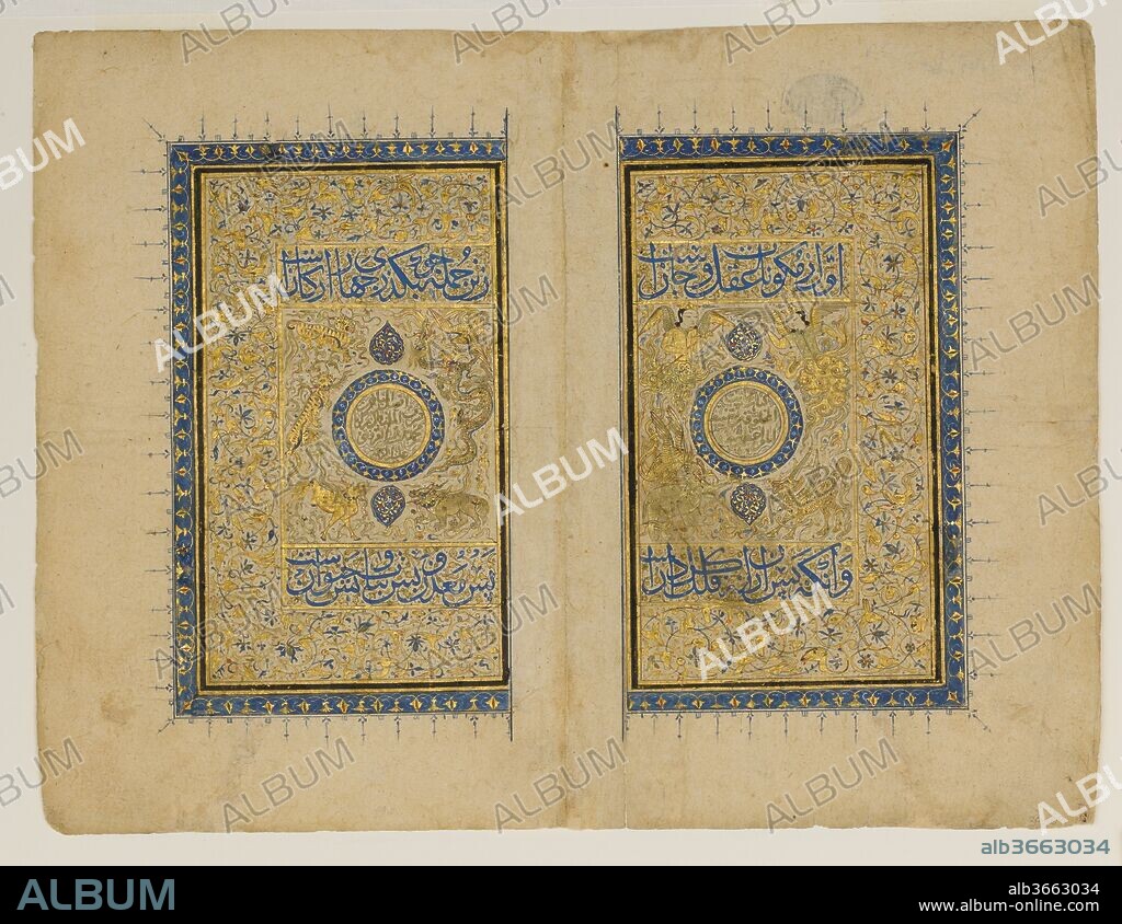 Double Title Page from a `Aja'ib al-Makhluqat wa Ghara'ib al-Mawjudat (The Wonders of Creation and the Oddities of Existence). Author: Zakaria bin Muhammad bin Mahmud Abu Yahya Qazwini (ca. 1203-83). Dimensions: Ht. 11 3/4 in. (29.8 cm)
W. 8 7/8 in. (22.5 cm). Date: 1414-35.
The Marvels of Creation contained information on various aspects of the heavens, the earth and its minerals, plants, birds and animals, as well as unusual phenomena and imaginary creatures. A rukh (roc) or 'anqa (fabulous bird) attacking an elephant and a karkadann (rhinoceros) can be seen to the right of each medallion, while on the left are depicted two tigers, a dragon and a phoenix, a ch'i-lin and another fabulous creature.