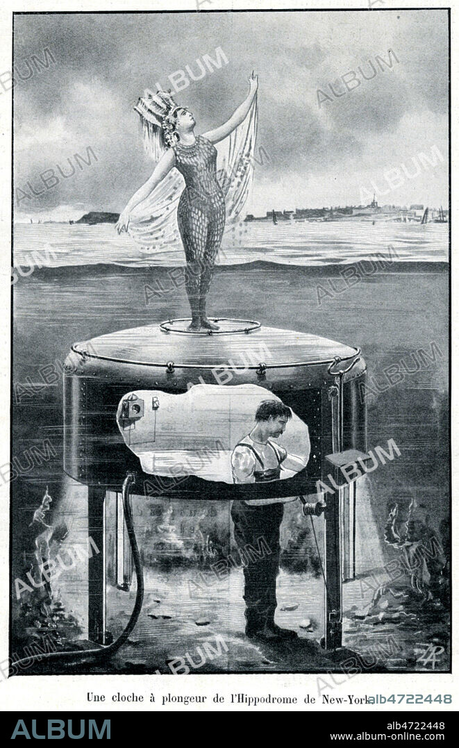 'Une cloche a plongeur de l'hippodrome de New-York'. Illustration tiree de la revue La Nature du 17 aout 1907. Credit : Collection KHARBINE-TAPABOR.