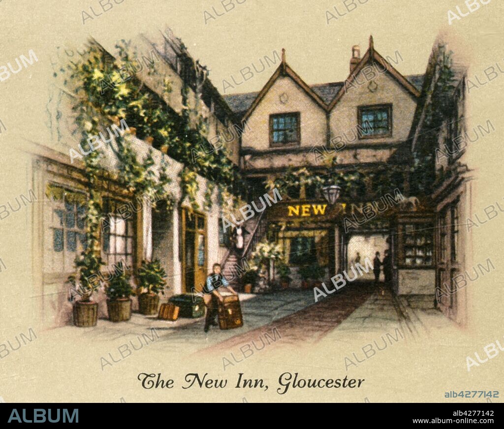'The New Inn, Gloucester', 1936. The New Inn public house, hotel and restaurant, timber framed medieval courtyard, Grade I listed. Lady Jane Grey's succession to the British throne was made from the gallery in 1553.  From "Old Inns - A Series of 40", 1936. [W. D. & H. O. Wills, 1936].