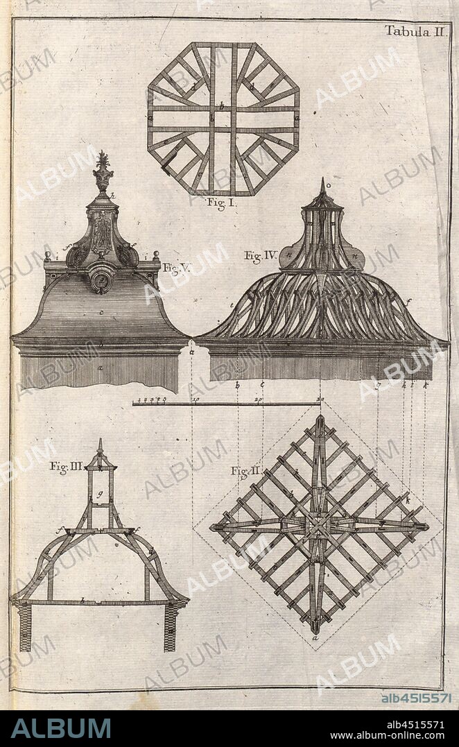 Construction drawing of a roof truss 2, Illustrations of construction drawing for a roof truss from the 18th century, Tabula II, p. 78, 1769, Caspar Walter: Zimmerkunst oder Anweisung wie allerley Arten von deutschen und welschen Thurnhauben, auch Kugelhelme, nach der neuesten Manier, zu Bedeckung der Kirchenthürme nicht nur zu entwerfen, sondern auch mit Holz zu verbinden: [...]. Augsburg: verlegt von den Gebrüdern Veith, 1769.