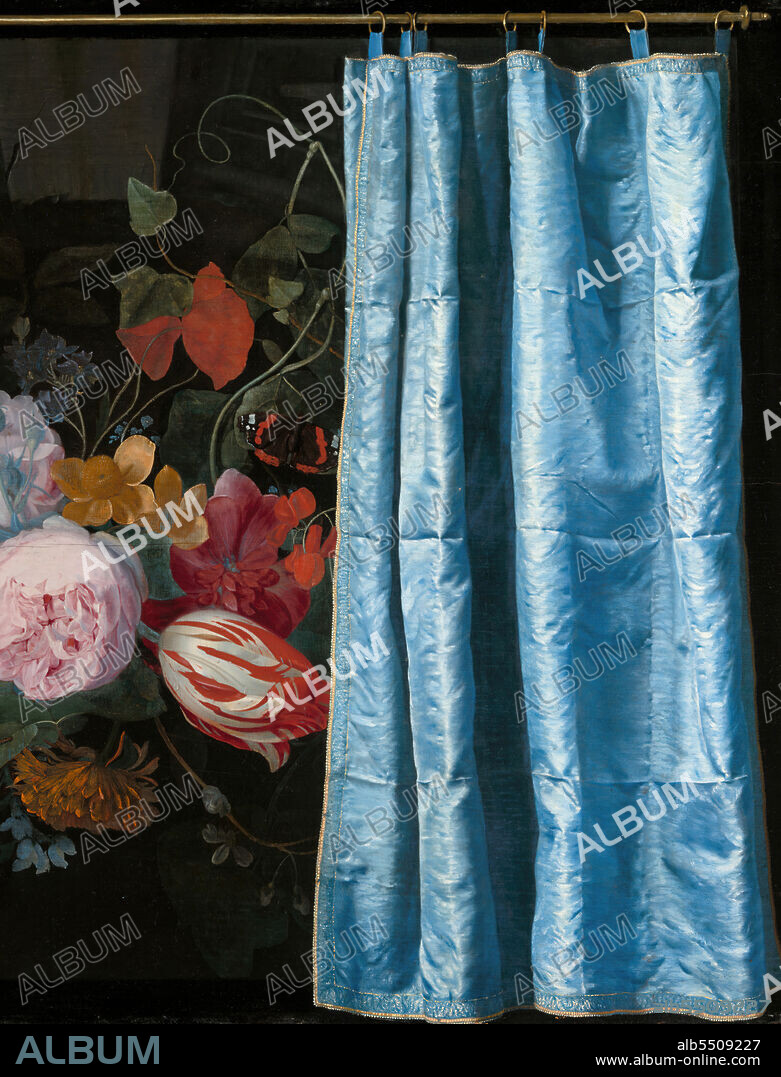 ADRIAEN VAN DER SPELT. Trompe-l'Oeil Still Life with a Flower Garland and a Curtain, 1658. Detail from a larger artwork.