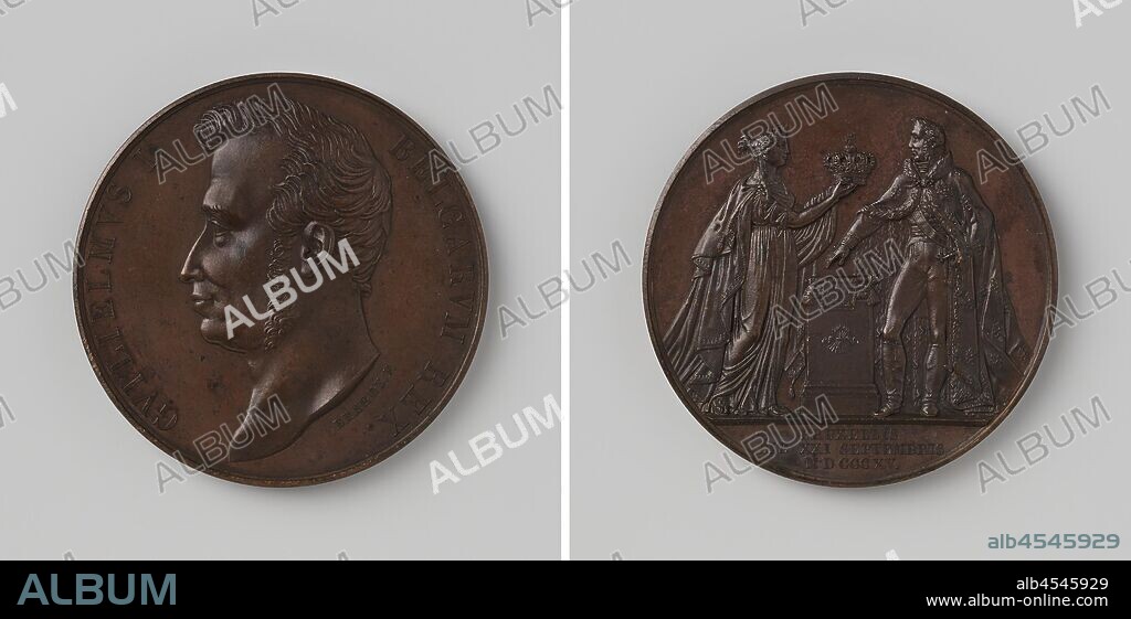 Inauguration of Willem I Frederik as King of the Netherlands in Brussels, Bronze Medal. Front: man's bust inside the inside. Reverse: crowned Dutch virgin in ermine mantle offers William I royal crown, while prince swears on constitution, which lies between them on altar, whose base carries bundle of arrows, cut off: inscription, Netherlands, Belgium, Brussels, Willem I Frederik (King of the Netherlands), Joseph Pierre Braemt, 1815, bronze (metal), striking (metalworking), d 4.6 cm × w 42.32 gr.