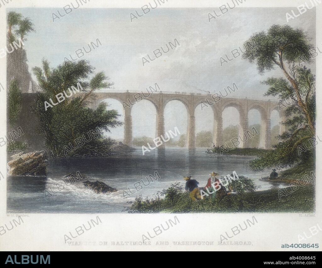 Viaduct on the Baltimore & Washington Railroad, c1838. Illustration after a painting by William Henry Bartlett (1809-1854) who visited the United States in the 1830s. From Cyclopaedia of Useful Arts by Charles Tomlinson. ( London, 1866).