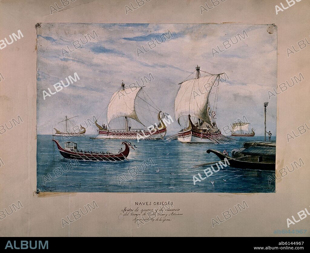 RAFAEL MONLEON. NAVES GRIEGAS DE GUERRA EPOCA JULIO CESAR-ACUARELA SIGLO XIX.