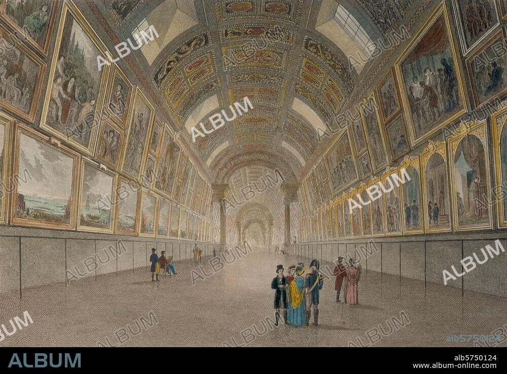 Paris (Frankreich), Louvre, Grande Galerie (erb. 1556-76; Arch.: Th. Métezeau). "GALLERY OF THE LOUVRE". Stahlstich, koloriert, 1822, von Charles Heath (1785-1848) nach Zeichnung von Robert Batty (1789-1848). Paris, Privatsammlung.
