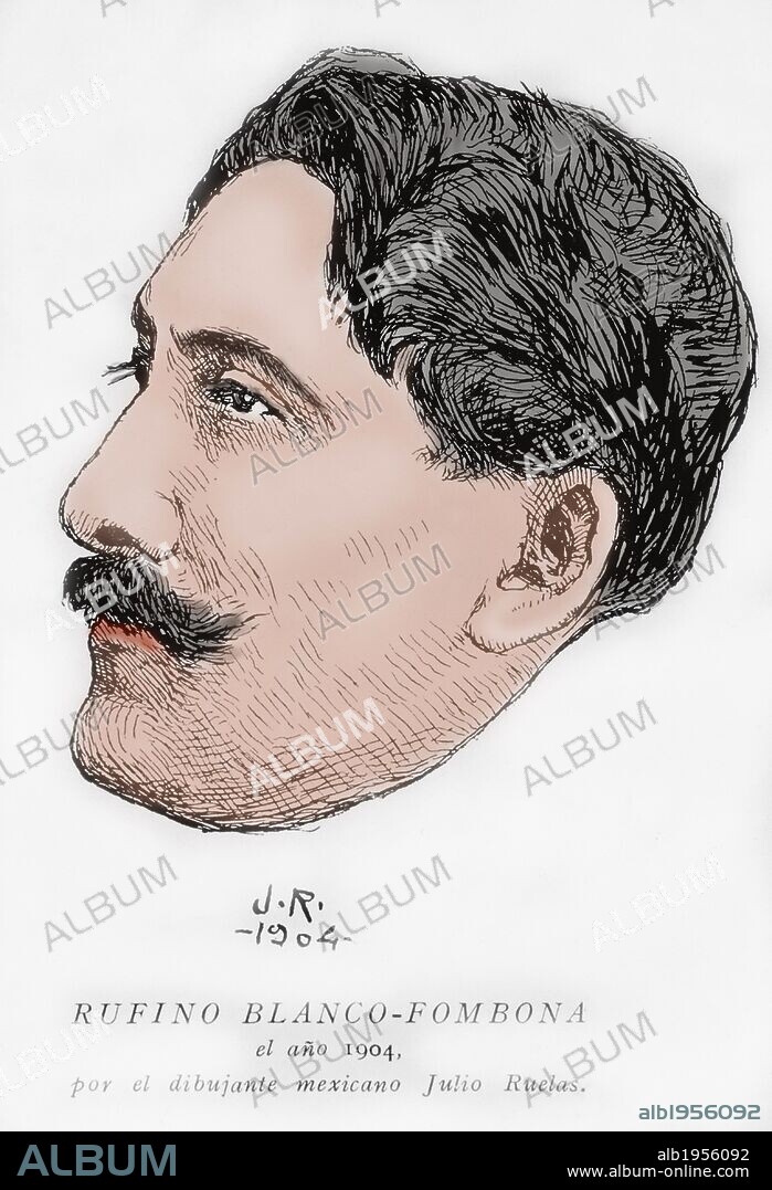 BLANCO FOMBONA, Rufino (Caracas, 1874-Buenos Aires, 1944). Escritor y político venezolano. Dibujo realizado por el mexicano Julio RUELAS en el año 1904. Grabado coloreado.