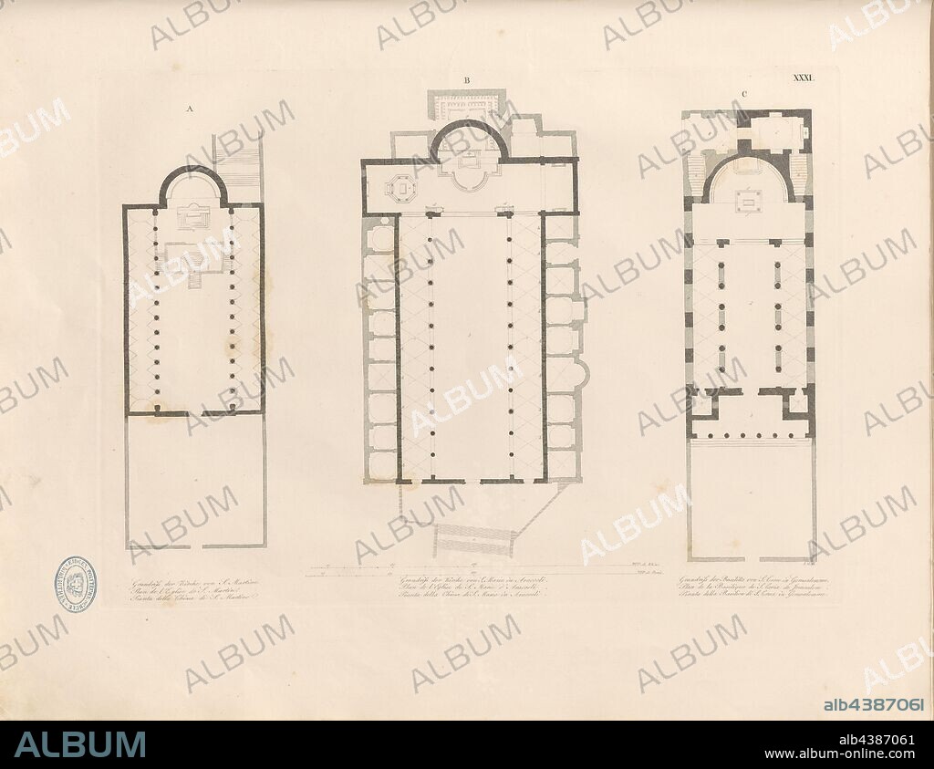 Plans of Roman churches 2, A: Plan of the Church of S. Martino, B: Plan of the Church of S. Maria in Aracoeli, C: Plan of the Basilica of S. Croce in Gerusalemme, Signed: IG G, Taf. XXXI, to p. 6, Christian Karl Josias von Bunsen: Die Basiliken des christlichen Roms: nach ihrem Zusammenhange mit Idee und Geschichte der Kirchenbaukunst. Bd. 2. München: Literarisch-artistische Anstalt der J. G. Cotta'schen Buchhandlung, [1824].