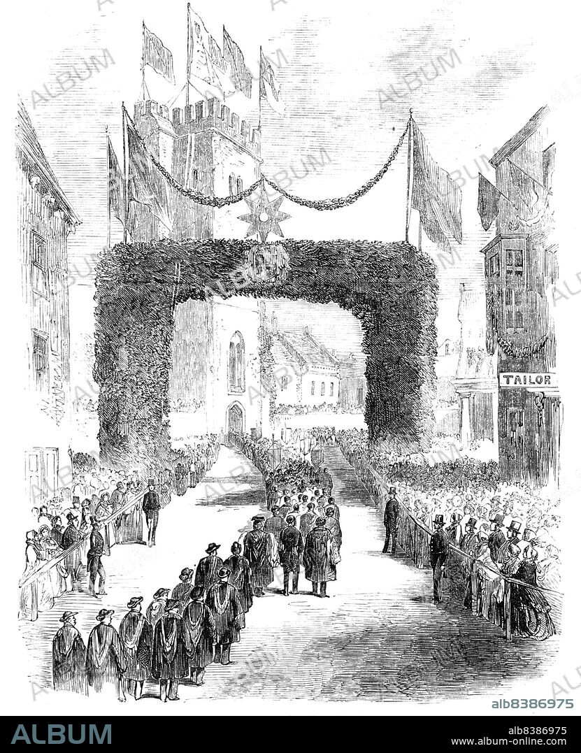 Procession to the Laying of the Foundation Stone of the New Church of St. Thomas, Newport, Isle of Wight, 1854. 'The Masonic fraternity...came forward in strength to assist at the proceedings - upwards of 400 marching in procession...Flags and banners, bearing various devices, and endless garlands and bouquets of flowers, covered tbe fronts of the houses in the principal streets forming the line of the procession. Triumphal arches, of stately proportions, and really creditable in point of tasteful design and arrangement, were placed across the thoroughfares at stated points... just outside the gate of the church stood what was termed the Clerical Arch, exhibiting the arms of the See of Winchester...the architect selected being Mr. S. W. Dawkins, of Whitehall-place. London; and the builders, Messrs. Dashwood, of Ryde. The new building will be of the Florid style...'. From "Illustrated London News", 1854.