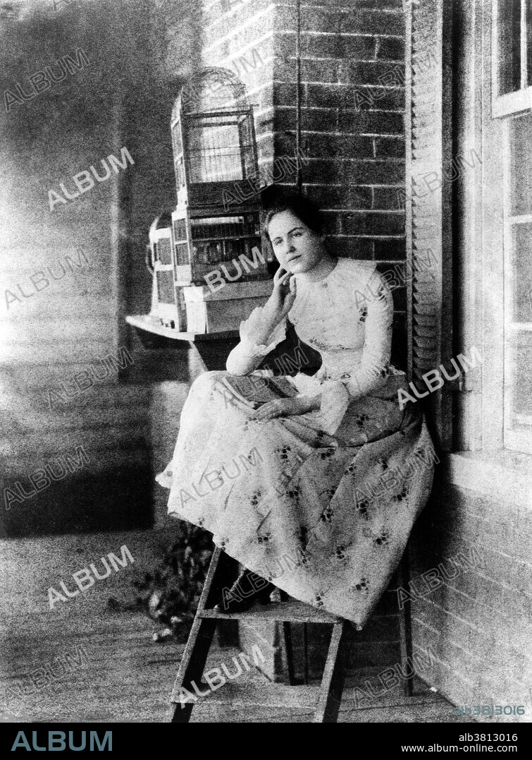 Edith, at the age of 15, 1887. Edith Bolling Galt Wilson (October 15, 1872 - December 28, 1961) was the second wife of Woodrow Wilson, and First Lady of the US, 1915-21. She ,arried Norman Galt, a prosperous jeweler; in 1896. In 1903 she bore a son who only lived for a few days, and the difficult birth left her unable to have more. In 1908 her husband died unexpectedly. In 1915, the she was introduced to President Wilson by Helen Bones, the president's cousin and White House hostess since the death of Ellen, his first wife. They married nine months later. As First Lady during WWI, she observed gas-less Sundays, meatless Mondays, and wheat-less Wednesdays. She let sheep graze on the White House lawn rather than waste manpower in mowing it and auctioned off their wool for the benefit of the American Red Cross. President Wilson suffered a severe stroke in October 1919. Edith began to screen all matters of state and decided which were important enough to bring to the bedridden president. In doing so, she functionally ran the Executive branch of the government for the remainder of the president's second term. She retired with the former president to their home, nursing him until his death three years later. She died of congestive heart failure at age 89 in 1961.