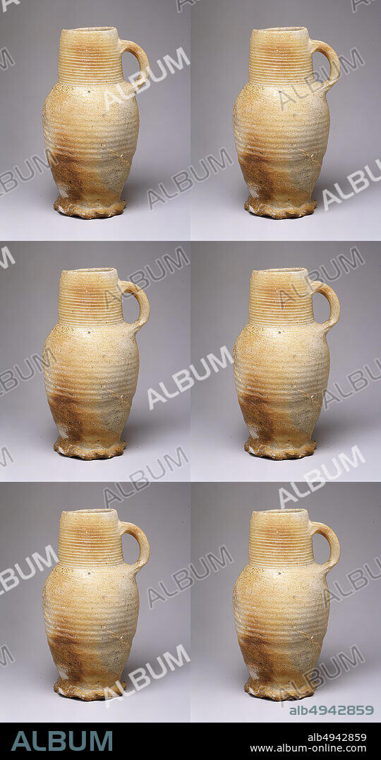 Jug, German, late 1300s or early 1400s, Made in Siegburg, Lower Rhineland, Germany, German, Partially salt-glazed stoneware, Overall: 9 1/8 x 5 1/2 x 4 3/4 in. (23.1 x 13.9 x 12.1 cm), Ceramics-Pottery.