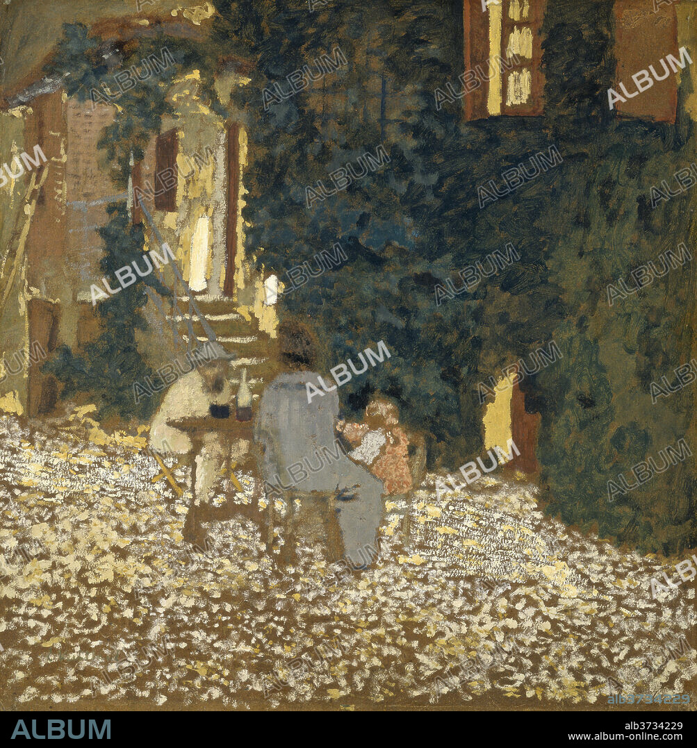 EDOUARD VUILLARD. Repast in a Garden. Dated: 1898. Dimensions: overall: 54.3 x 53.1 cm (21 3/8 x 20 7/8 in.)  framed: 80 x 78.7 x 8.8 cm (31 1/2 x 31 x 3 7/16 in.). Medium: oil on cardboard.
