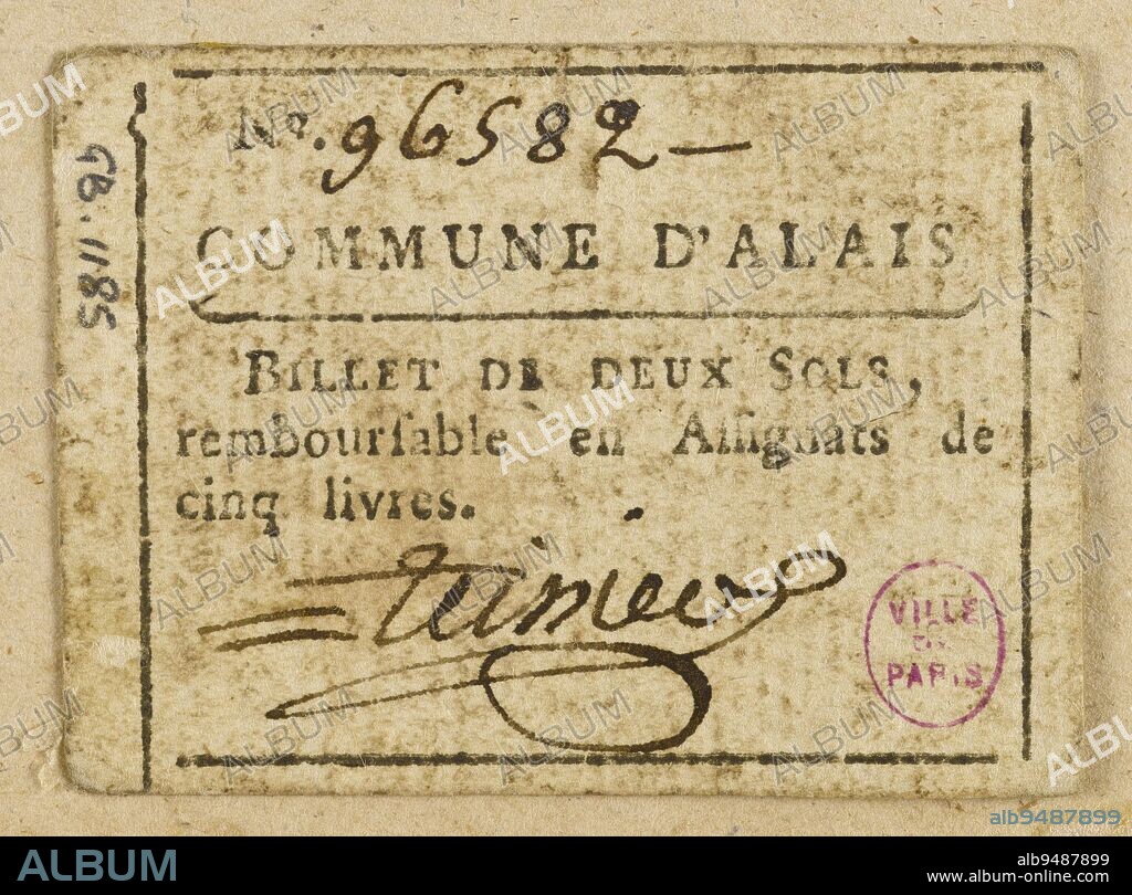 Bill of 2 sols, commune of Alais, n° 96582, Municipality (Alais, Gard), Issuing authority, Teissiere, Signatory, Array, Numismatics, Manuscripts, printed, binding, Confidence bill, Typography = letterpress printing, Gard, Height: 4.1 cm, Width: 5.6 cm.