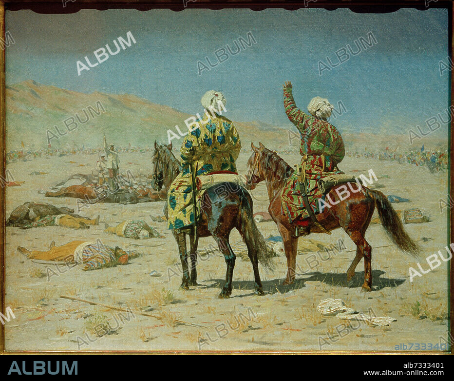 WASSILI W. WERESTSCHAGIN und WASSILI WASSILJEWITSCH WERESCHTSCHAGIN. Russisches Reich / Eroberung Turkestans, 1860er Jahre. "Die Abgesandten: 'Ergebt Euch!' - 'Schert Euch zum Teufel!'". (Russische Soldaten weigern sich, sich bucharischen Reitern zu ergeben). Gemälde, 1873, von Wassili W. Wereschtschagin (1842-1904). Öl auf Leinwand, 58,4 × 74 cm. Inv. Nr. 2000. Moskau, Staatliche Tretjakow-Galerie.