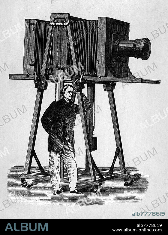 HISTORY OF PHOTOGRAPHY The Austrian photographer Ludwig Angerer (15 August 1827 - 12 May 1879) and his machine for making reproductions on calotype sheets of the 90 x 90 cm format. Founder of the first photographic studio in Vienna, photographer of the Austrian imperial court, he is also known for having produced some of the first photo shoots in Bucharest. Austria, around 1865.