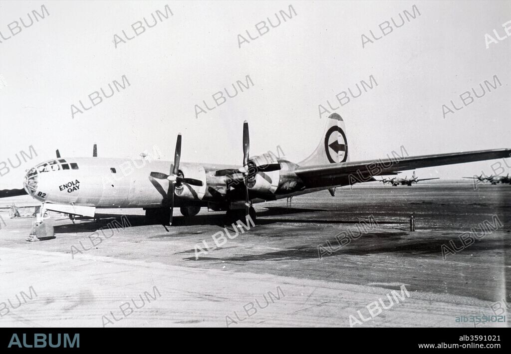 Photograph of the Enola Gay plane, a Boeing B-29 Superfortress bomber, which was used to drop the first atomic bomb on Japan. Dated 20th Century.