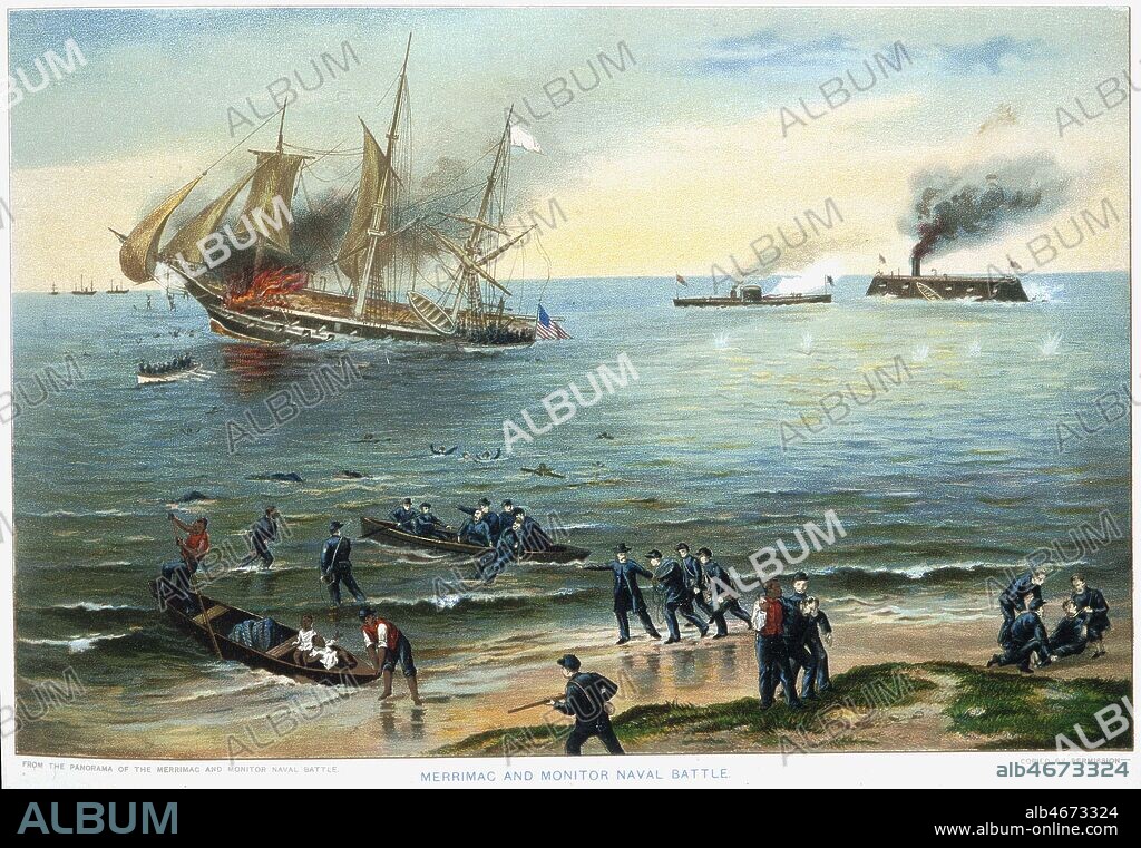 Bataille navale de Hampton Roads entre le 'Monitor' et le 'Merrimack' le mars 1862, lors de la guerre de Secession aux Etats- Unis. Illustration anonyme tiree de The heroes of the civil war par W. DUKE de 1889. Credit : Collection KHARBINE-TAPABOR.