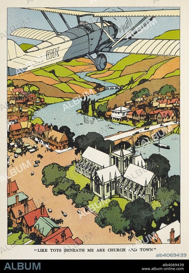 LESLIE CARR and CYRIL HALL. "Like toys beneath me are church and town." An areoplane flying over a city. Motor and Plane ... Illustrated, etc. London ; Glasgow : Blackie & Son, [1932]. Source: 012803.l.38 inside front cover.