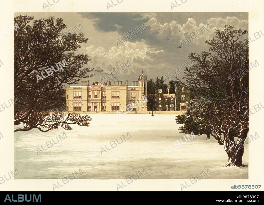 Winter scene with Eshton Hall, Yorkshire, England. Elizabethan-revival style mansion built in 1825 by architect George Webster for Sir Matthew Wilson, 1st Baronet. Colour woodblock by Benjamin Fawcett in the Baxter process of an illustration by Alexander Francis Lydon from Reverend Francis Orpen Morriss Picturesque Views of the Seats of Noblemen and Gentlemen of Great Britain and Ireland, William Mackenzie, London, 1880.