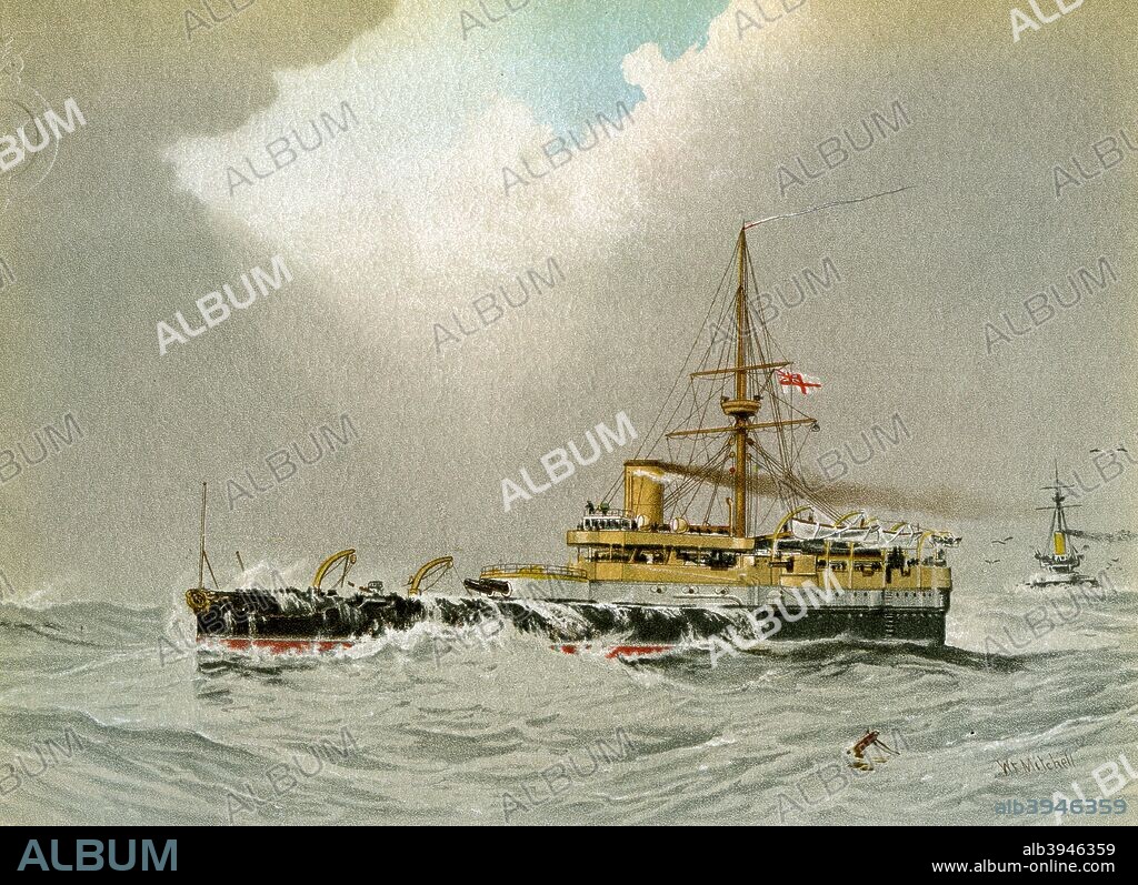 HMS 'Hero', Royal Navy 2nd class battleship, c1890-c1893. The second and final battleship of the 'Conqueror' class, HMS 'Hero' entered service in 1888. By the time she was commissioned her main armament, a ram, was obsolete and she served as a tender to the gunnery school HMS 'Excellent' at Portsmouth. She was sunk as a target ship in 1908. A print from Her Majesty's Navy Including its Deeds and Battles, by Lieut Chas Rathbone Low, Volume II, JS Virtue & Co, London, 1890-1893.
