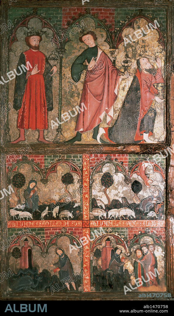 ARTE GOTICO. ESPAÑA. "TABLAS DE SAN MILLAN". Vista exterior de la puerta izquierda del retablo del Monasterio de San Millán de Suso. Pintura al temple que data de finales del s. XIV, donde se representan escenas de la vida de San Millán y de la Vírgen. Museo de La Rioja. Logroño.