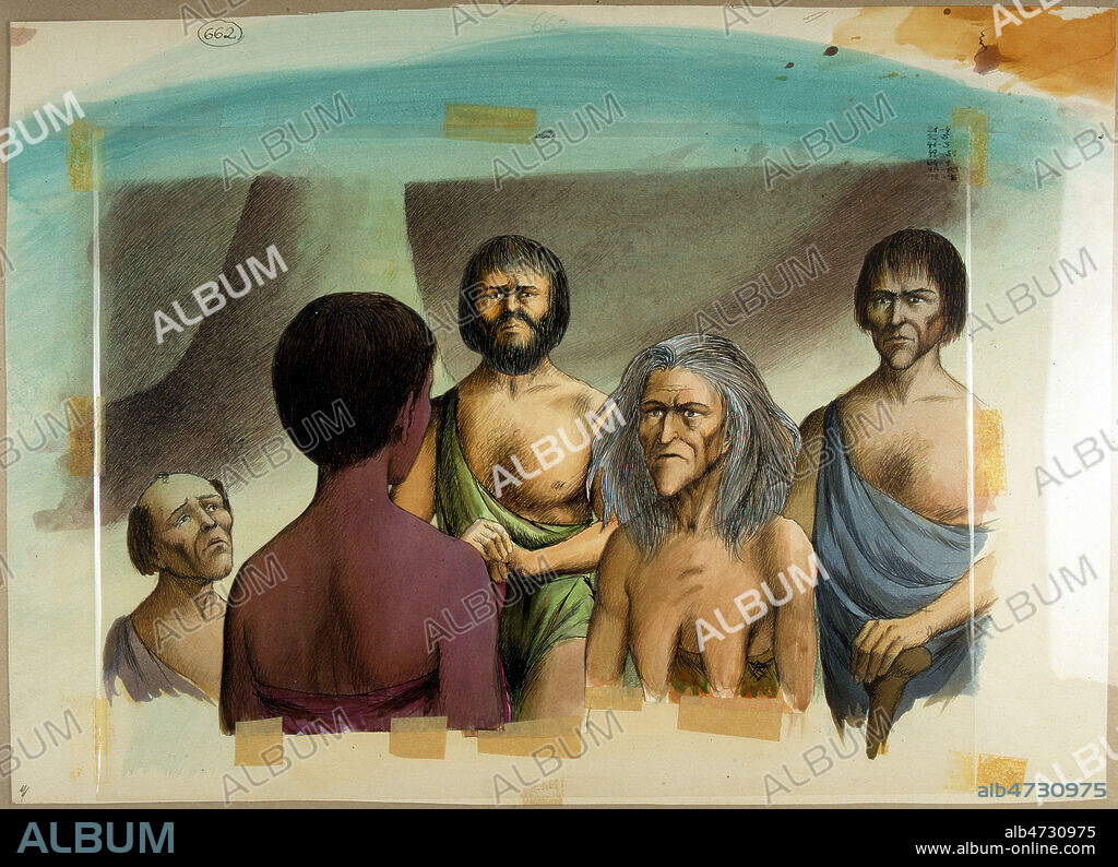 Un enfant, de dos, parle a une vieille femme et a trois hommes. Planche utilisee pour le tournage du film 'La planete sauvage' de Roland TOPOR et Rene LALOUX, (= ADAGP tous les deux) , en 1973 (20e, 20eme, XXe s.). Credit : JEAN VIGNE / KHARBINE-TAPABOR.
