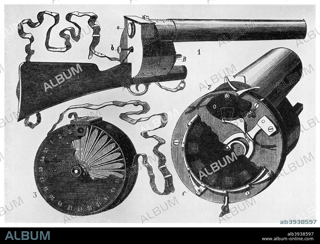 Photographic gun designed by Etienne Jules Marey, 1882 (1956). Marey (1830-1904) was a French physiologist who pioneered the use of photography to record and analyse movement, which led to the invention of cinematography. In 1881, he invented the photographic gun and later he devised the first chronophotograph camera. A print from Things, a volume about the origin and early history of many things, common and less common, essential and inessential by Readers Union, the Grosvenor Press, London, 1956.