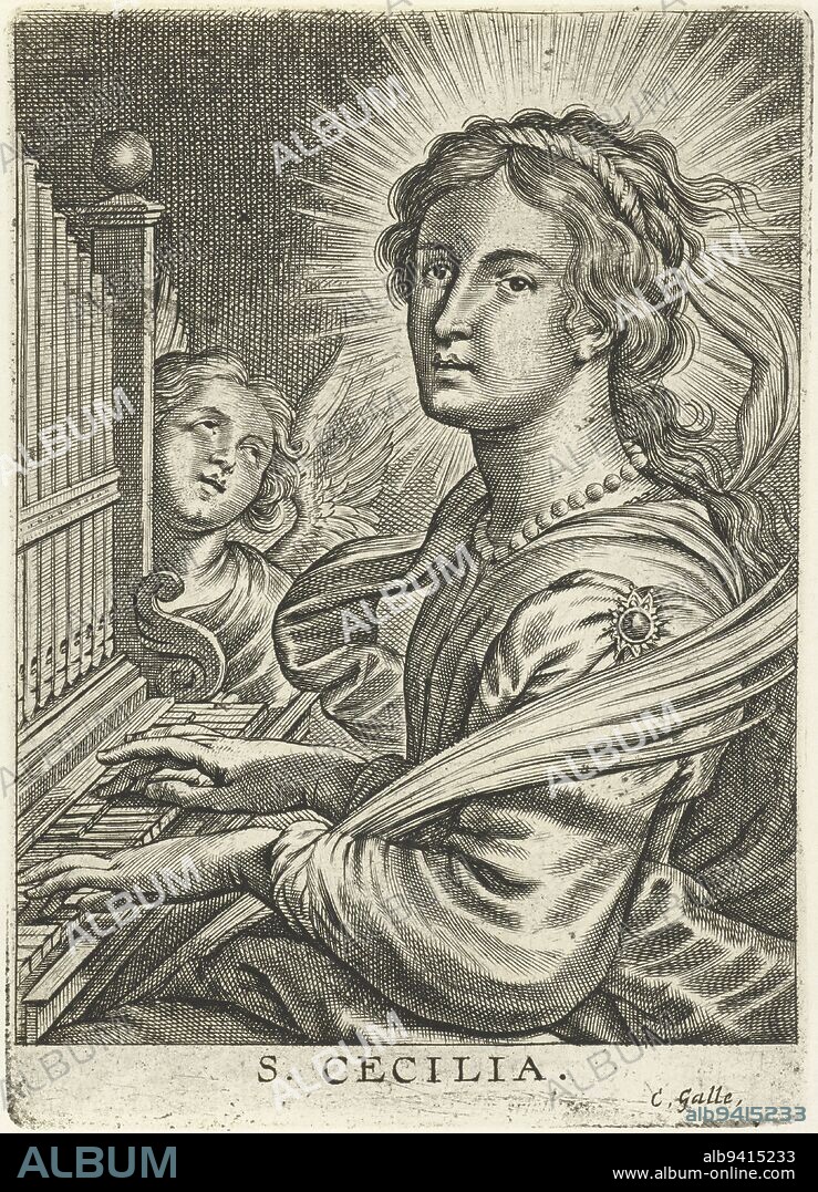 Saint Cecilia with organ S. Cecilia (title on object), print maker: Schelte Adamsz. Bolswert, Peter Paul Rubens, publisher: Cornelis Galle (II), (mentioned on object), 1596 - 1659, paper, engraving, h 123 mm × w 87 mm.